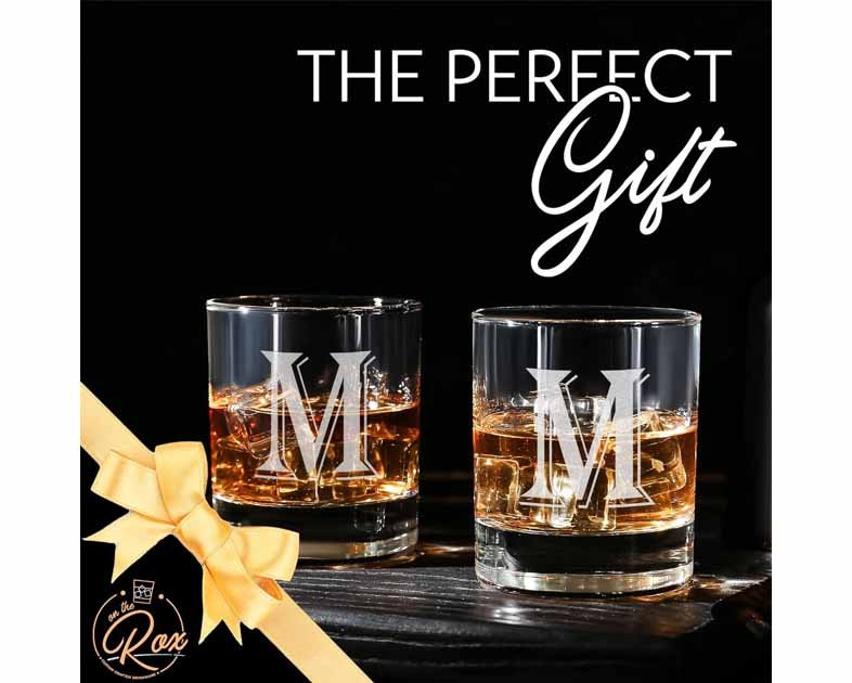 (M-Monogram)- 4 Piece Set of 11 Ounce Engraved Heavy Base Rocks Glasses