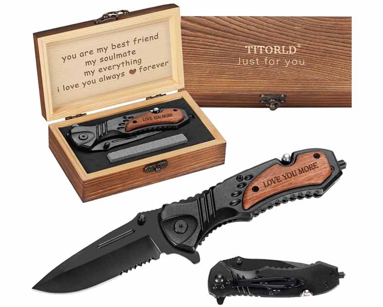 Wooden Handle Folding Knife with Wood Box