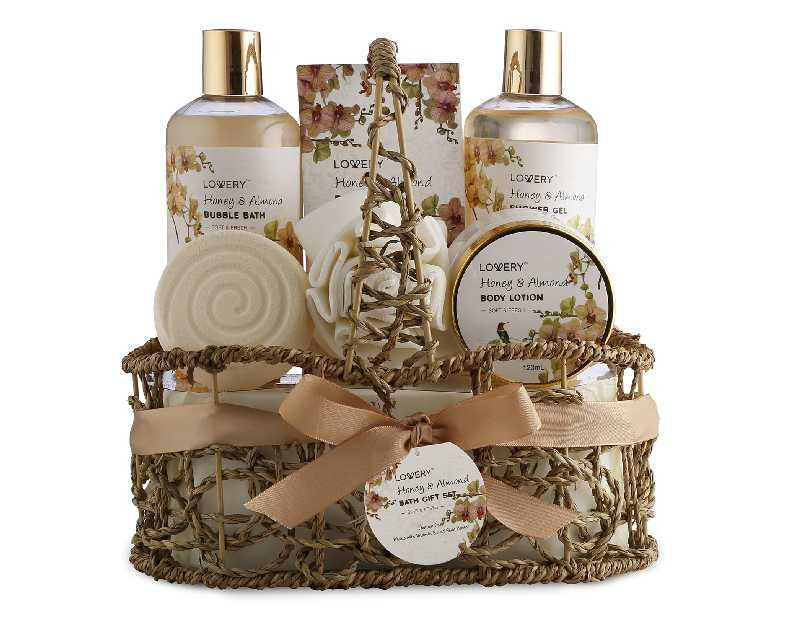 Womens Gifts, Gift Baskets for Women Who Have Everything, Home Spa Honey & Almond Scent, Luxury Bath & Body Set