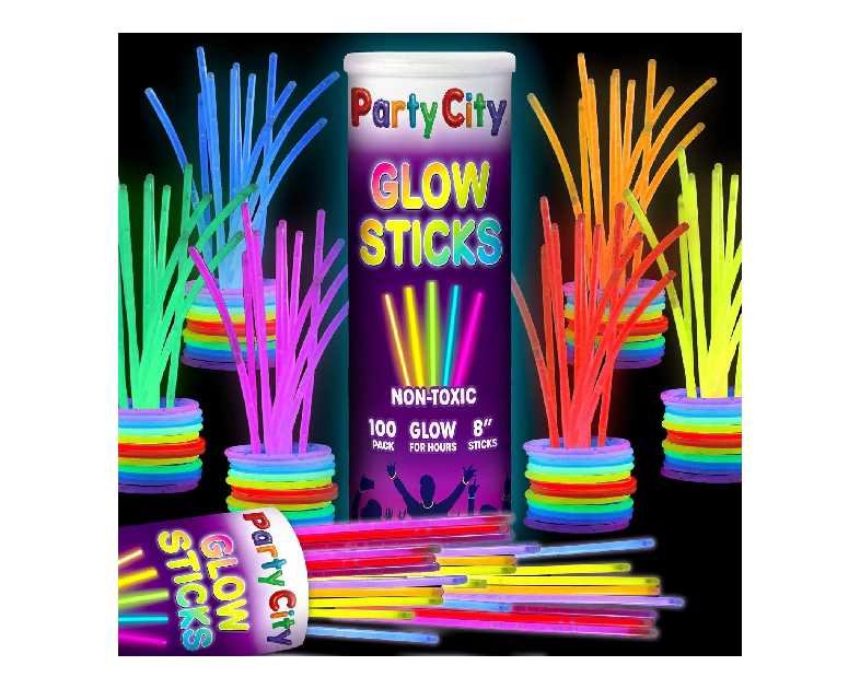 Party City 100 Glow Sticks Bulk Party Pack 8”– Neon Glow in the Dark Party Supplies, Glowsticks with Connectors Bracelets & Necklaces