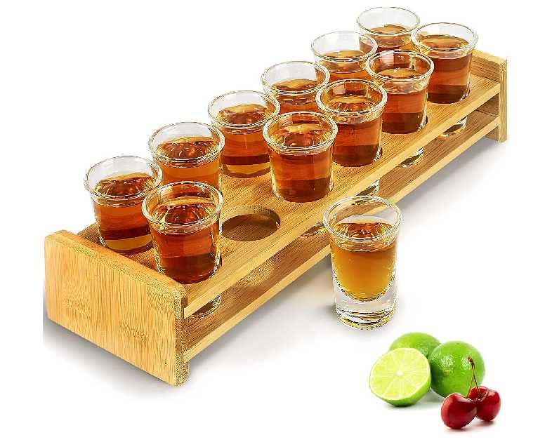 Supwinnet Shot Glasses Set 12pcs 30ml/1oz Shot Glass Tray Holder Organizer Straight Thick Base Clear Whiskey Tequila Glass Cups for Liqueurs Party Club Home
