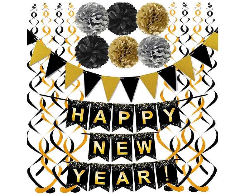Happy New Year Set Black Banner with Gold Black Paper Flag Bunting Swirl Streamers & Pom Poms for Happy New Year Party Decorations