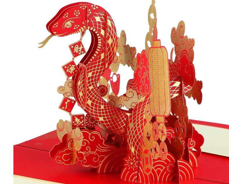 D24TIME Happy Chinese New Year Cards 2025-Year of The Snake 3D Pop Up Card Lunar New Year Cards with Envelope Chinese New Year Greeting Cards Spring Festival Gifts Cards New Year Party Favors Supplies