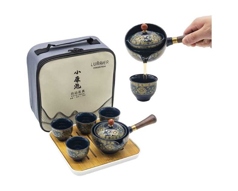 LURRIER Porcelain Chinese Gongfu Tea Set,Portable Teapot Set with 360 Rotation Tea maker and Infuser,Portable All in One Gift Bag for Travel,Home,Gifting,Outdoor and Office (Floral Blue)