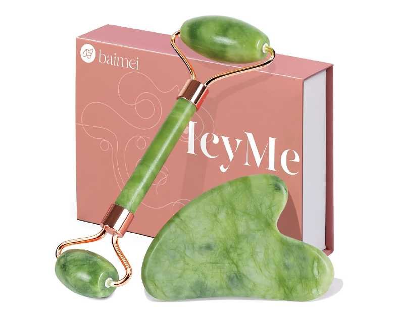 BAIMEI IcyMe Gua Sha & Jade Roller Facial Tools Face Roller and Gua Sha Set for Puffiness and Redness Reducing Skin Care Routine