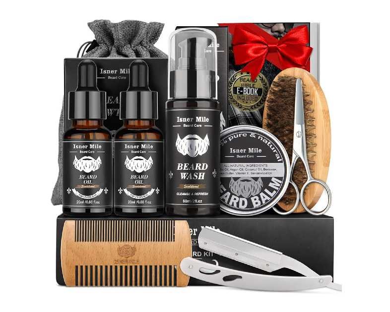 Isner Mile Beard Grooming Kit for Men Care: Trimming Sets with Beard Wash/Shampoo - Oil - Balm - Brush - Comb - Scissors & Storage Bag, Valentines Birthday Fathers Gifts for Dad Men Husband Boyfriend