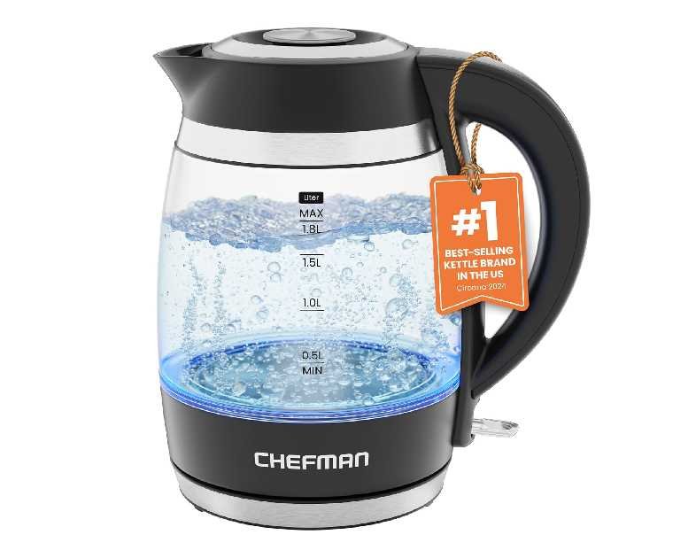 Chefman Electric Kettle, 1.8L 1500W, Hot Water Boiler, Removable Lid for Easy Cleaning, Auto Shut Off, Boil-Dry Protection, Stainless Steel Filter, BPA Free, Borosilicate Glass Electric Tea Kettle