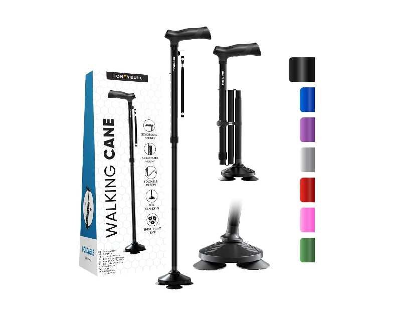 HONEYBULL Walking Cane for Men & Women - Foldable, Adjustable, Collapsible, Free Standing Cane, Pivot Tip, Heavy Duty | Walking Sticks, Folding Canes for Seniors & Adults (Black, Pivot Cane)