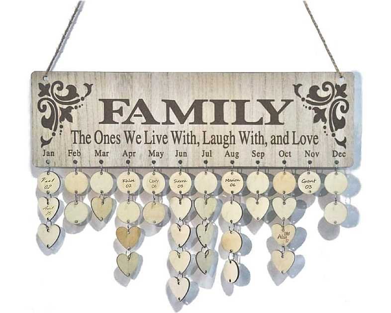 OYEFLY Wooden Family Birthday Reminder Calendar Board Decorative Birthday Tracker Plaque Wall Hanging with 100 Wood Tags and Holes/Family Sayings Pattern