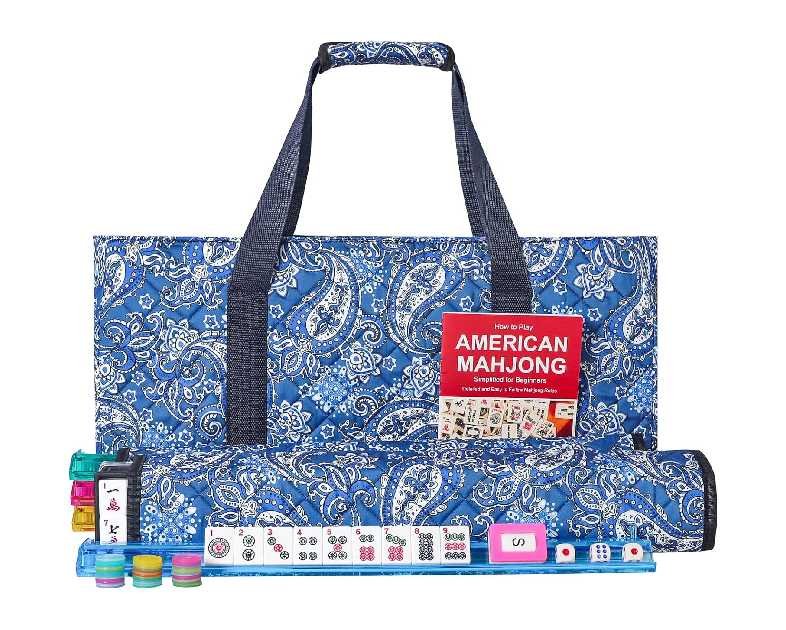 American Mahjong Game Set, 166 Quality White Tiles, 4 All-in-One Color Rack/Pushers, Mahjong Tile Set with Blue Printed Carrying Bag