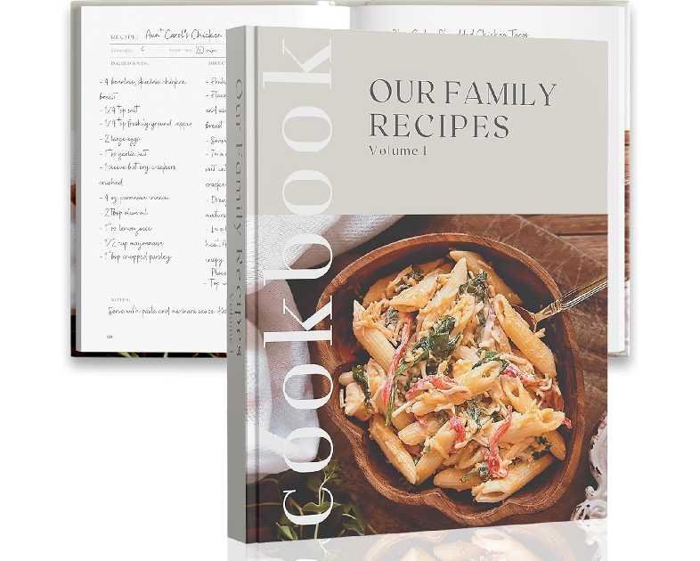 Recipe Book To Write In Your Own Recipes - Large Blank DIY Personalized Family Cookbook Journal, Fits 200 Empty Recipe Templates to Fill In Your Own Recipes - Custom Cooking Notebook Keepsake - 11x8