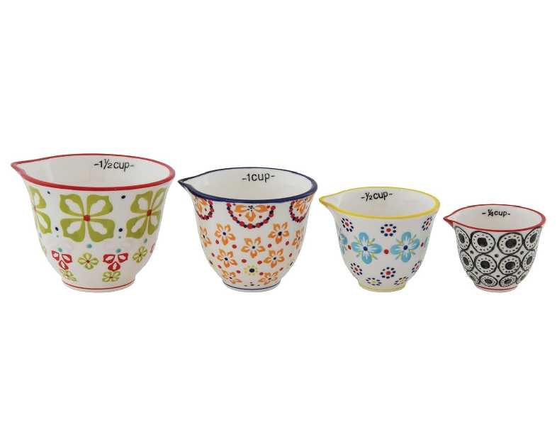 Creative Co-Op Floral Hand Stamped Stoneware Measuring Cups (Set of 4 Sizes/Designs)