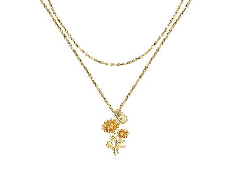 MTMY Birth Flower Necklaces for Women 18K Gold Plated Dainty Layered Birth Month Flower with Birthstone Pendant Necklaces Personalized Custom Floral Jewelry
