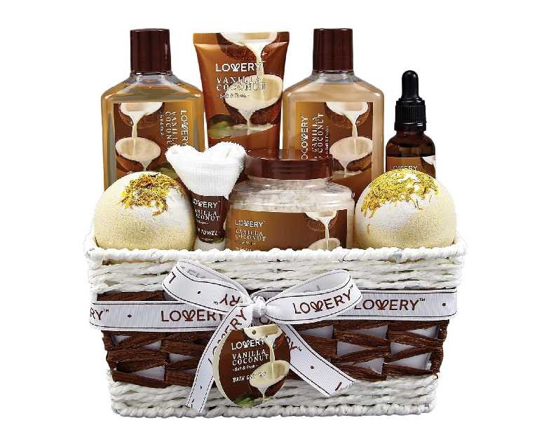 Gifts For Women Gift Basket for Women– 9 Piece Set of Vanilla Coconut Home Spa Set, Includes Fragrant Lotions, Extra Large Bath Bombs, Coconut Oil, Luxurious Bath Towel & More
