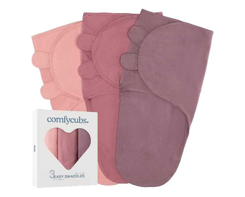 Comfy Cubs Easy Swaddle Blanket, 3 Pack - 100% Cotton Newborn Wrap, Small for 0-3 Months Infants, with Adjustable Velcro, Breathable and Durable Sleep Sack for Babies - Blush, Mauve & Mulberry