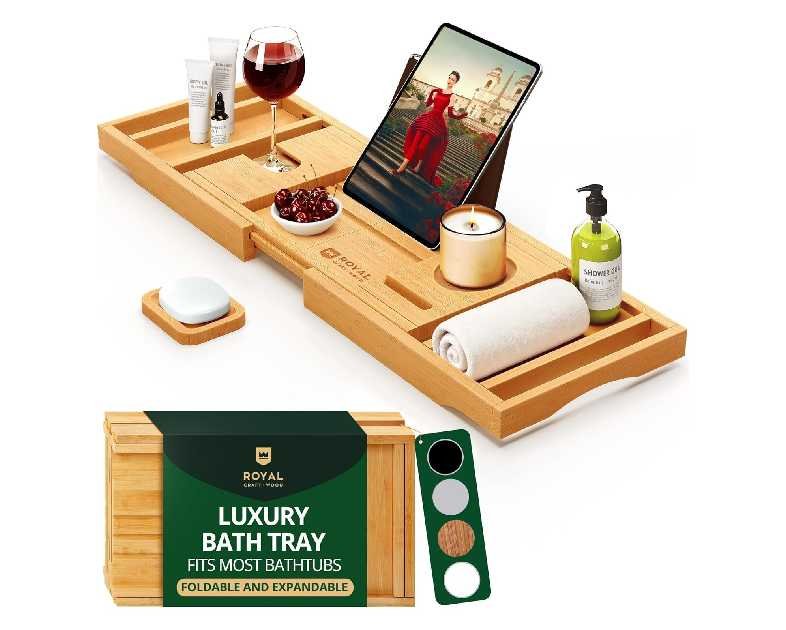 ROYAL CRAFT WOOD Bathtub Tray Caddy for Tub, Bamboo Bath Shelf, Premium Foldable Wood Bath Table, Expandable Bathtub & Bathroom Accessories, New Home Gifts for Mom, Housewarming, Anniversary, Wedding