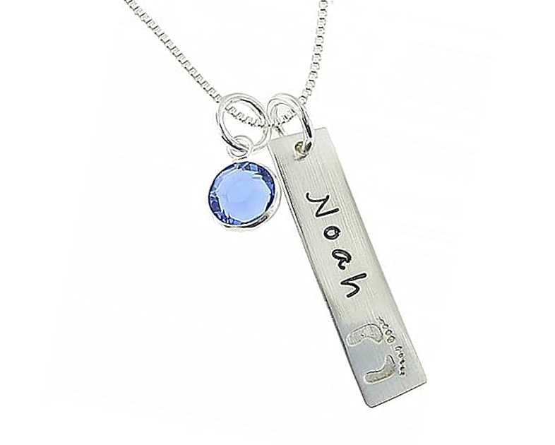 My Tiny Prints Personalized Sterling Silver Name Necklace. Customize with Child's Name, Engraved with Solid Baby Feet. Add Your Choice of Birthstone and Sterling Silver Chain. Gifts for Her, New Mom