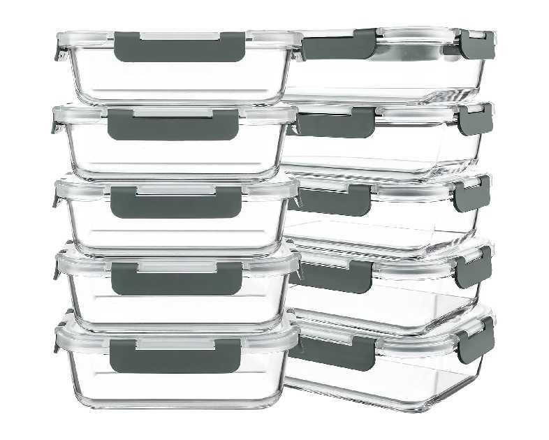 KOMUEE 10 Packs 30 oz Glass Meal Prep Containers,Glass Food Storage Containers with Lids,Airtight Lunch Bento Boxes,Microwave,Freezer and Dishwasher,Gray