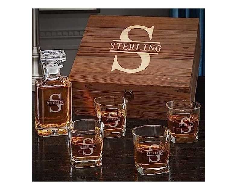 Personalized Whiskey Decanter Set with Wood Gift Box - Custom Bourbon and Scotch Gift Boxed Set