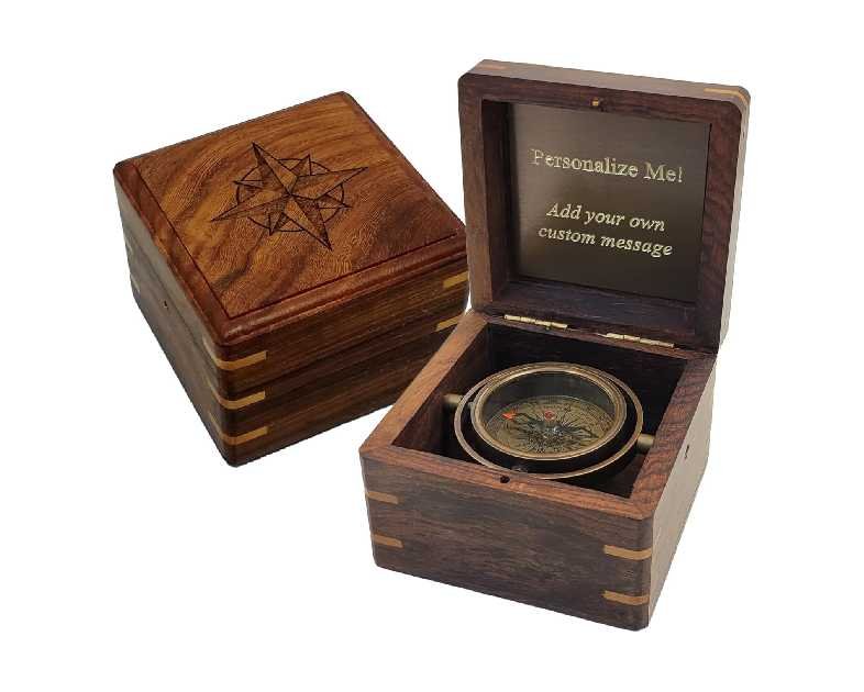 Engraved Antique Brass Desk Compass Keepsake in Wooden Box – Inspirational Personalized Compass Gift for Graduation, Baptism, Confirmation, Mentor, Leadership, Employee Appreciation