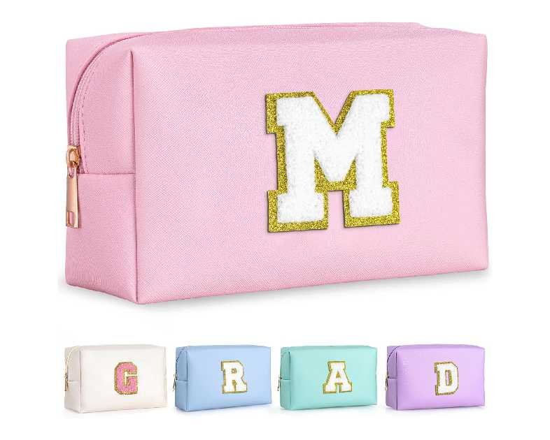 TOPEAST Initial Makeup Bag, Personalized Travel Small Cosmetic Bag Cute PU Pink Chenille Letter Makeup Pouch, Purse Waterproof Zippered Toiletry Organizer for Women Girls Kids Friends (Pink M)