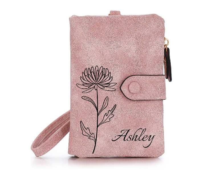 Personalized Leather Wallets for Women with Zipper Coin Purse, Wrist Strap, Small Ladies Wallet with Name Birth Flower for Girlfriend Wife Mother's Day - Pink