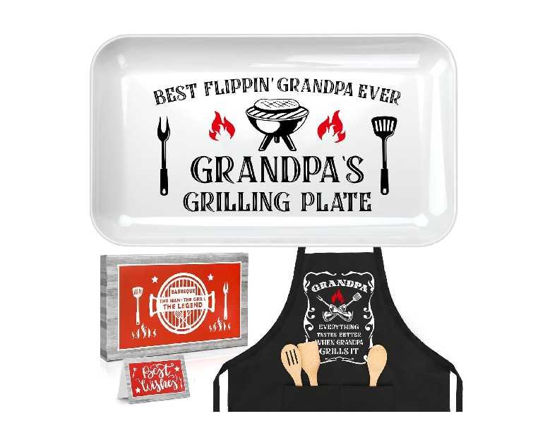 Gifts for Grandpa, Grandpa Birthday Gifts Personalized Grilling Platter Apron Gift for Grandpa from Grandkids, Great Grandpa Christmas Gift Fathers Day Funny Grandpa Grilling Plate BBQ Serving Tray