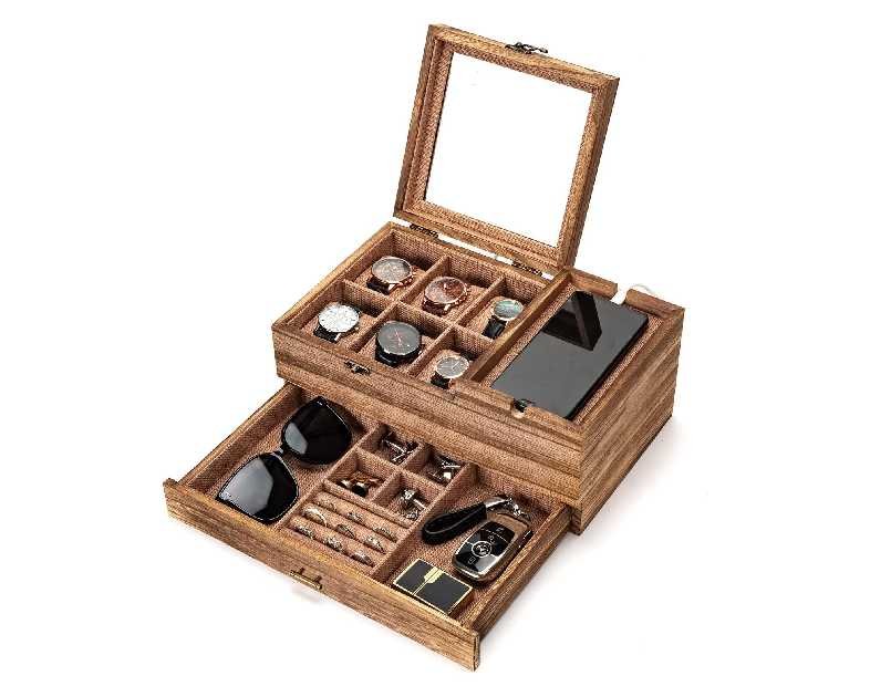 Pinzoveco Watch Box Organizer for Men, 6 Slot Mens Jewelry Box Display & Storage Watch, Solid Wood Watch Case for Men, Gift for Boyfriend Fathers Day Birthday Gifts (Carbonized Brown)