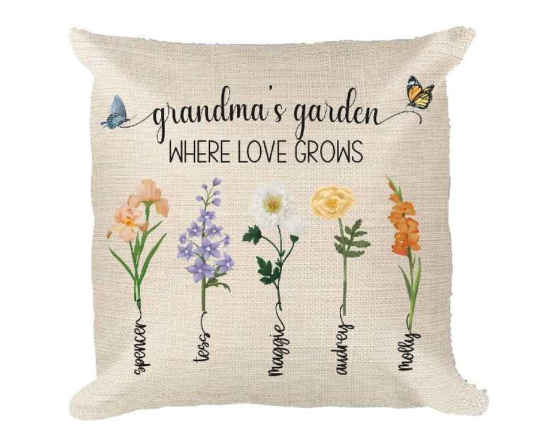 Personalized Grandma's Garden Where Love Grows with Grandkids Names Throw Pillow, Family Name Gift, Birth Month Flower Gift, Mom, Nana, Gigi 16x16 Linen (Pillow Cover ONLY)