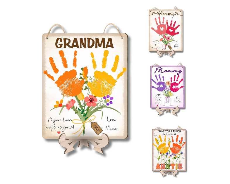 Custom DIY Baby Handprint Flowers Wooden Hanging Sign, Personalized Flowers for Grandma with Kids Handprint, Baby's First Mothers Day Gifts for Grandma, Kids Art Craft, Thanks for Helping Us Grow