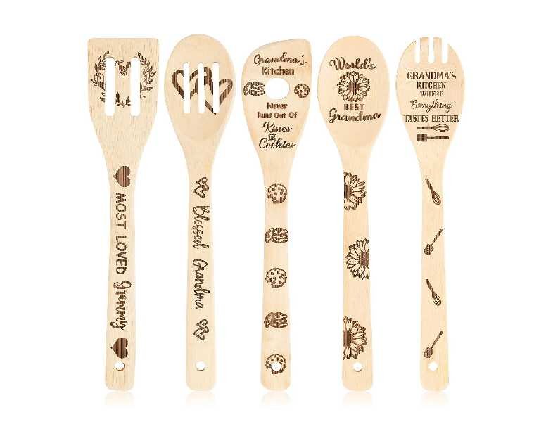 Eartim 5Pcs Grandma Wooden Spoons Utensils Set, Cooking Utensils Non-Stick Carve Spoons Burned Bamboo Cookware Kitchen Gadget Kit Grandma Birthday Grandparent's Day Gift Housewarming Present