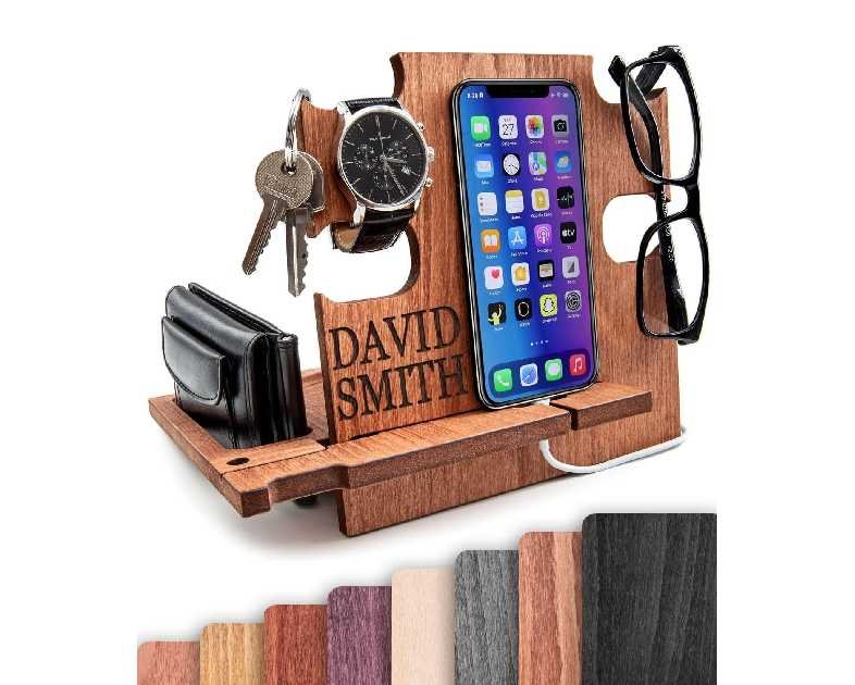 Greta Oto Gifts for Men, Personalized Wood Phone Docking Station for Men,Desktop or Nightstand Organizer for Him, Phone Stand, Best Personalized Gift idea for Anniversary,Birthday,Graduation