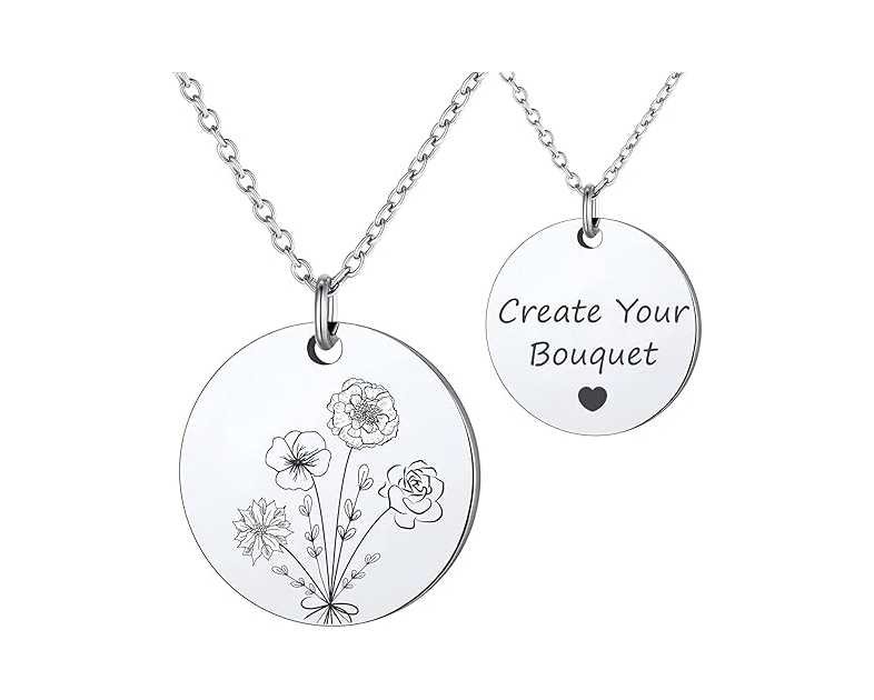 Anavia -Build Your Own Bouquet- Birthmonth Flowers Necklace, Personalized Engraved Floral Coin Necklace, Customized Birthday Gifts Love Jewelry for Her Mom Sisters Family