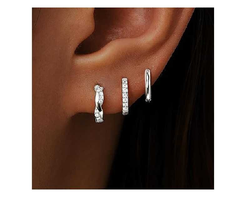 Inerney Gold Huggie Hoop Earrings Set for Women, Dainty Small Sterling Silver Earring Stacks Hypoallergenic Jewelry for Multiple Piercings, Trendy Twisted Cute Cartilage Hoops Birthstone Gift 3 Pairs