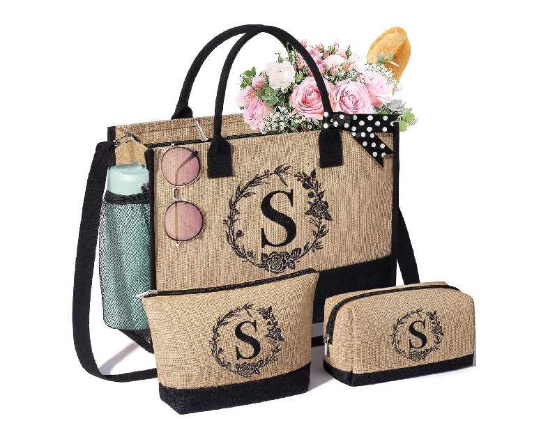 Personalized Christmas Gifts for Women Tote Bag, Initial Jute Tote Bag & Makeup Bags Monogrammed Beach Bag w/Zipper, Holiday Birthday Gifts for Women Her Friend Mom Daughter Sister Girlfriend Teacher