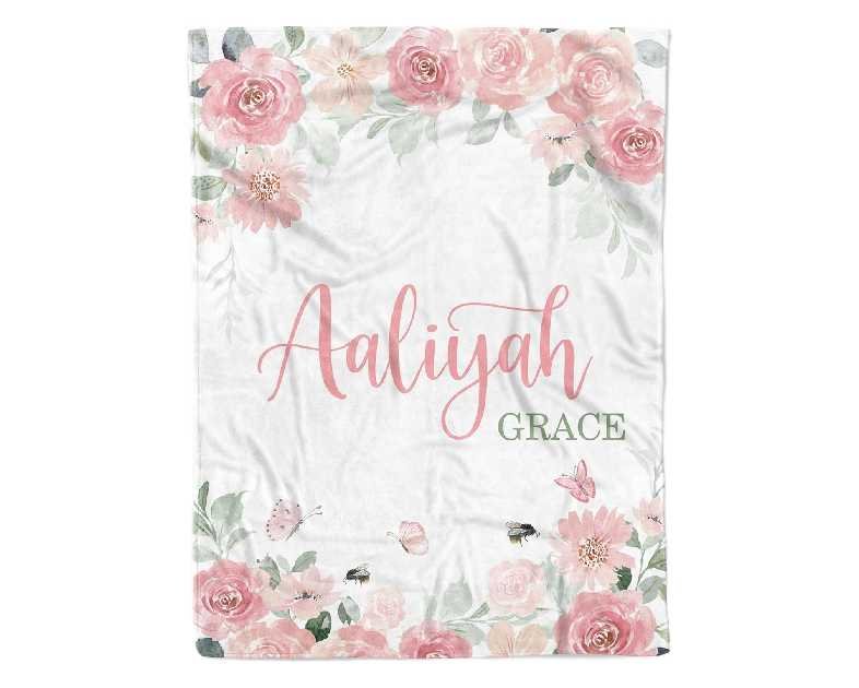 Arteaga Personalized Baby Blanket for Girls, Customized Floral Rose Blanket for Newborn, Super Soft Plush Fleece, 30''x40''
