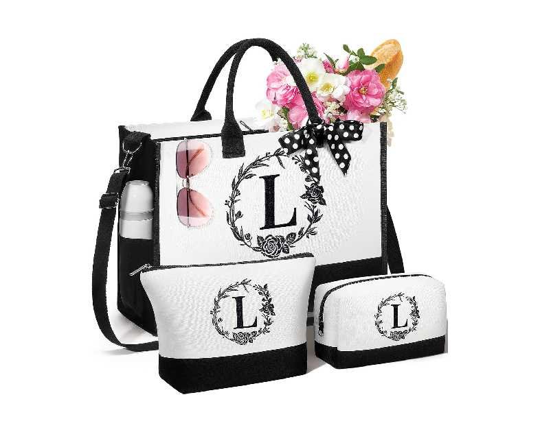 Personalized Christmas Gifts for Women, Initial Canvas Tote Bag & Makeup Bag Monogrammed Beach Tote Bags for Women w/Zipper, Birthday Gifts for Mom Her Sister Friend Girlfriend Wife Daughter Teacher