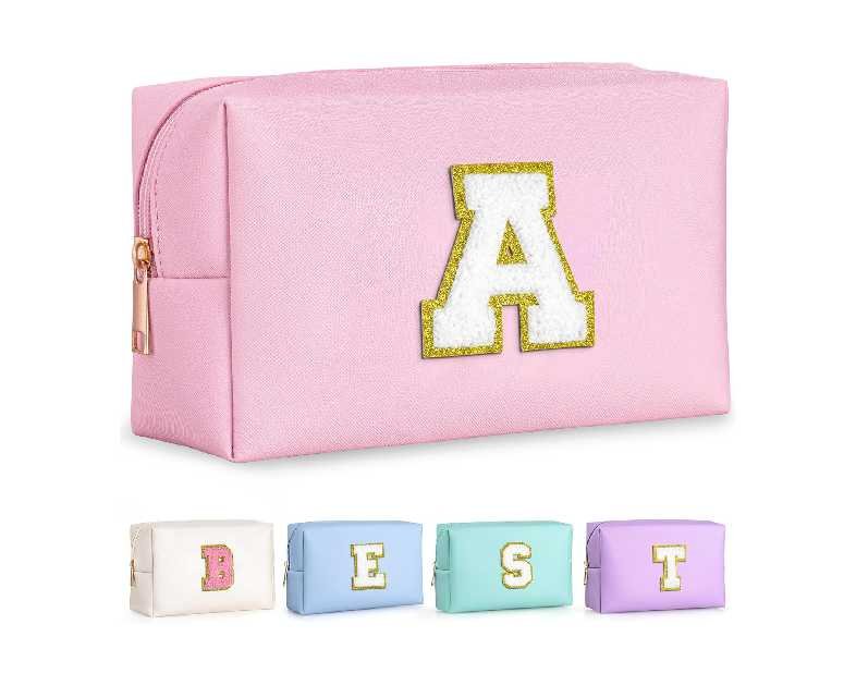 TOPEAST Initial Makeup Bag, Birthday Gifts for 4 5 6 7 8 9 10 11 12 Year Old Girls, Personalized Preppy Cosmetic Bag | Leather Toiletry Bag (Pink A)