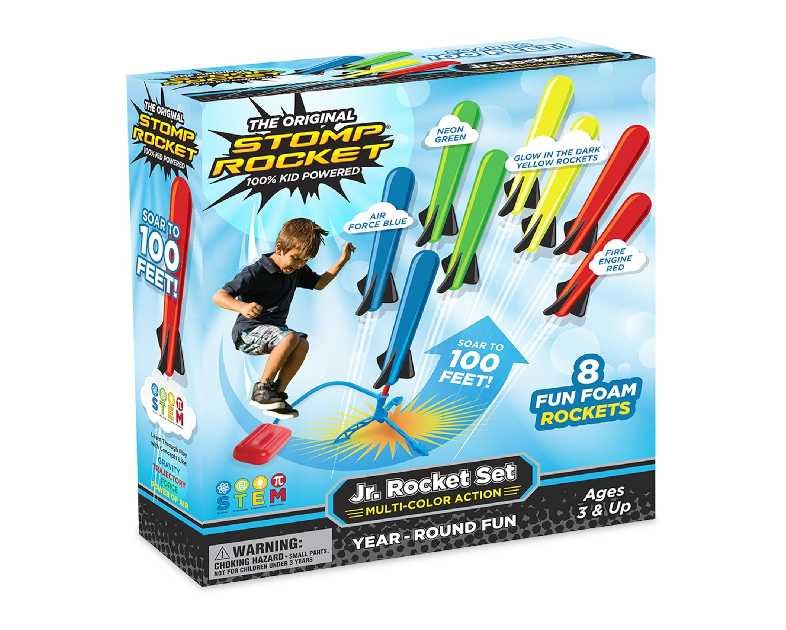 Stomp Rocket Jr Multi-Color Rocket Launcher for Kids, 8 Rockets - Fun Outdoor Kids Gifts for Boys & Girls - STEM Toy Foam Blaster Set Soars Up to 100 Feet - Ages 3 & Up