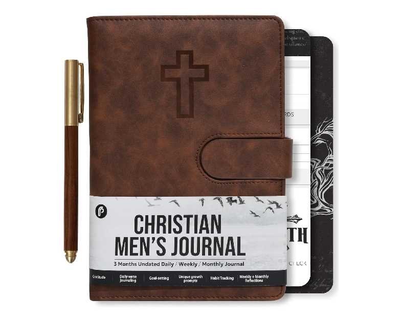Prazoli Leather Christian Bible Prayer Journal For Men - Study Scripture Notebook & Planner Daily Devotional Undated | Religious Jesus Faith Gifts for Graduation, Pastor Baptism & Church, Cross