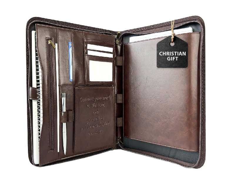 DEHITE Leather Portfolio for Men and Women - Christian Religious Gifts - Padfolio with Laptop Pocket - Letter Size Organizer for Bible Notebook Notepad - Brown Full Grain Zipper Binder