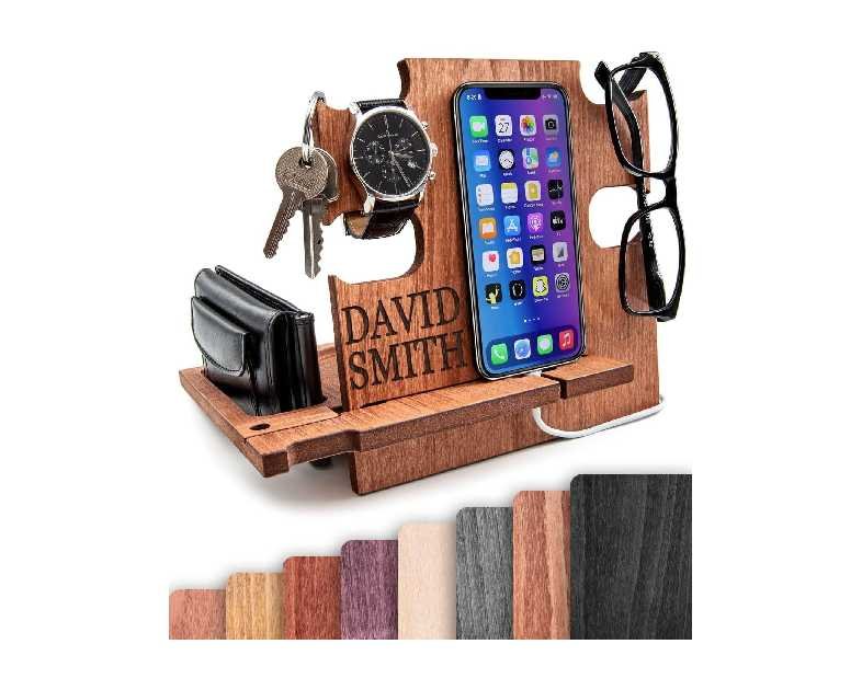 Greta Oto Gifts for Men, Personalized Wood Phone Docking Station for Men,Desktop or Nightstand Organizer for Him, Phone Stand, Best Personalized Gift idea for Anniversary,Birthday,Graduation