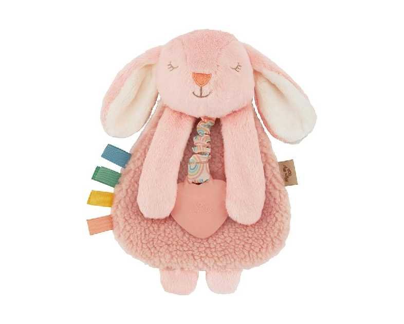 Itzy Ritzy - Itzy Lovey Including Teether - Baby Lovey with Teether, Textured Ribbons & Dangle Arms - Features Crinkle Sound, Sherpa Fabric and Minky Plush (Pink Bunny)