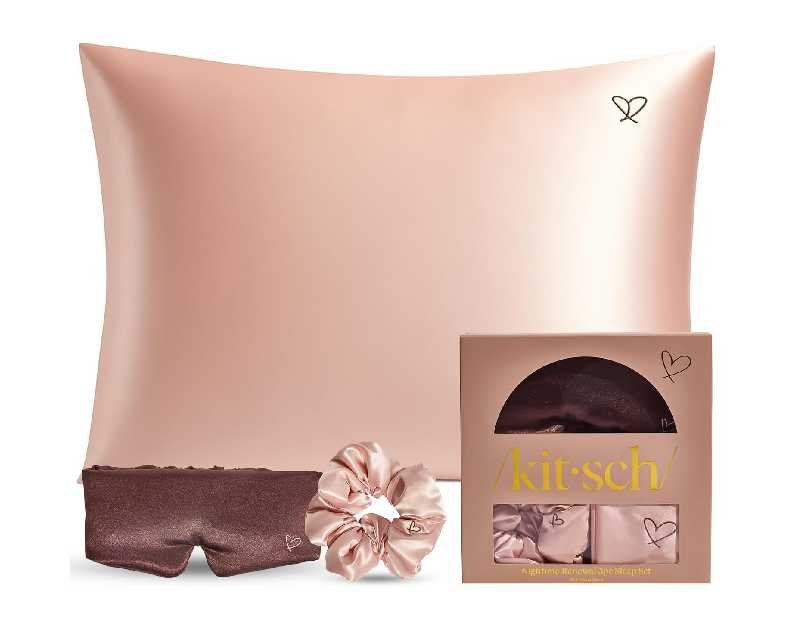 Kitsch Night time Renewal 3PC Sleep Set - Satin Pillowcase with Zipper for Hair & Skin - Softer Than Silk, Queen/Standard Size with Satin Pillow Scrunchie No-Damage Hair Tie and Satin Pillow Eye Mask