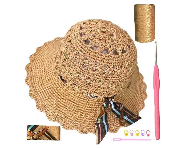 SHENJILL Crochet Kit for Beginners Sun Hat Crochet Women Beach Hat Beginner Knitting Kit for Adults Easy Starter Yarn Kits for Crocheting Easy-to-Follow Instructions (Light Brown)