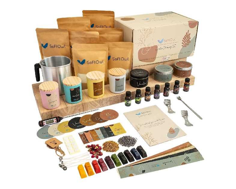 SoftOwl Premium Soy Candle Making Kit - Full Set - Soy Wax, Big 7oz Jars & Tins, 7 Pleasant Scents, Color Dyes & More - Perfect as Home Decorations - DIY Starter Scented Candles Making Kit