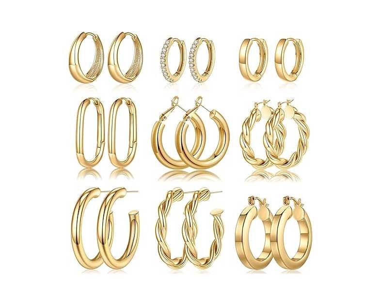 Yesteel 9 Pairs Gold Hoop Earrings for Women, 925 Sterling Silver Post 14K Real Gold Plated Chunky Hoop Earrings Set for Women Hypoallergenic Thick Lightweight Earring for Womens Jewelry Gifts