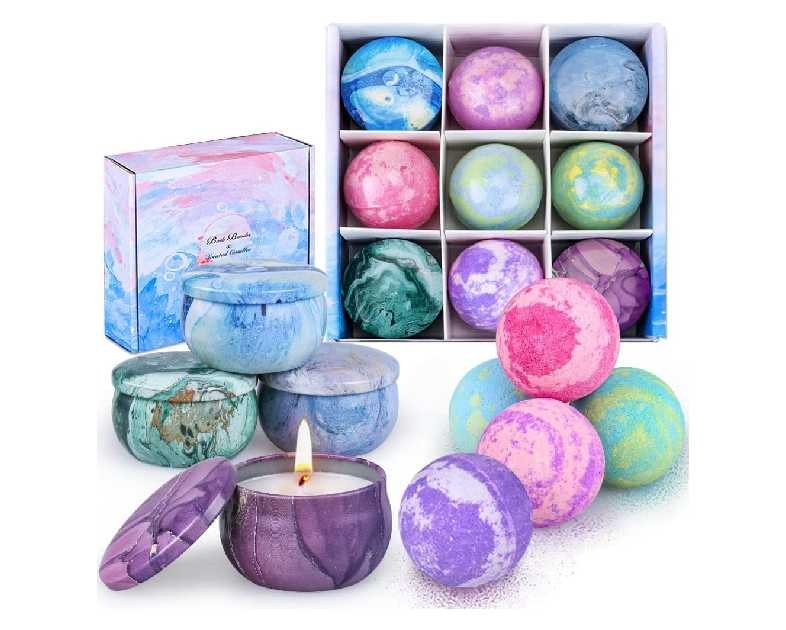 Bath Bombs Gift Set - 5 Large Fizzy Spa Bombs with 4 Scented Candles for Women