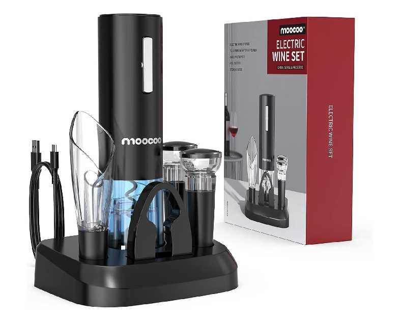 Moocoo Electric Wine Opener with Charging Base, Cordless Electric Wine Bottle Opener with 2-in-1 Aerator &Pourer, Foil Cutter, 2 Vacuum Preservation