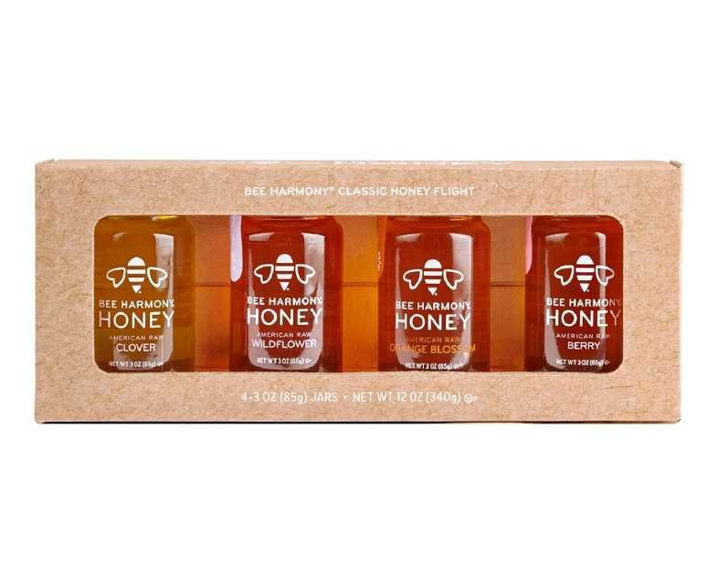 Bee Harmony Classic Honey Flight, Mini Honey Gift Set, 4 Jars, 3 OZ Each, Premium, Raw, Made in the USA